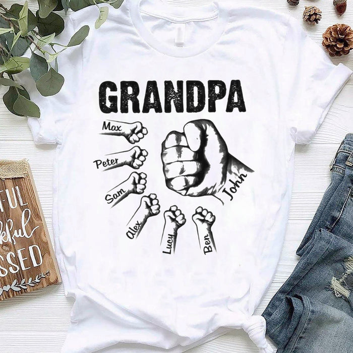 Personalized T-Shirt For Grandpa Black & White Fist Bump Design Custom Grandkids Name Father's Day Shirt