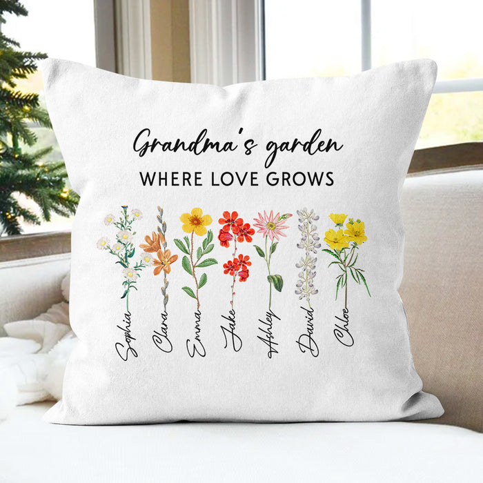 Personalized Square Pillow Gifts For Nana Grandma's Garden Where Love Grows Flowers Custom Grandkids Name On Mothers Day