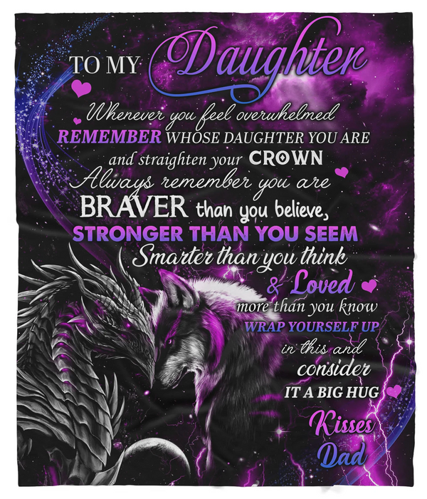 Personalized Fleece Blanket To My Daughter Dragon And Wolf Print Always Remember You Are Braver Stronger Smarter Loved