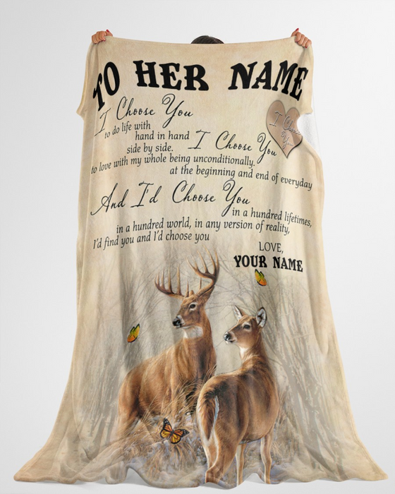 Personalized Love Fleece Blanket To My Wife Girlfriend I Choose You Deer Couple Prints Custom Name Valentine Blanket