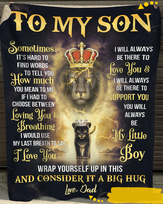 Personalized Blanket To My Son From Dad Big Hug Old And Baby Lion With Crown And Lightning Printed Custom Name