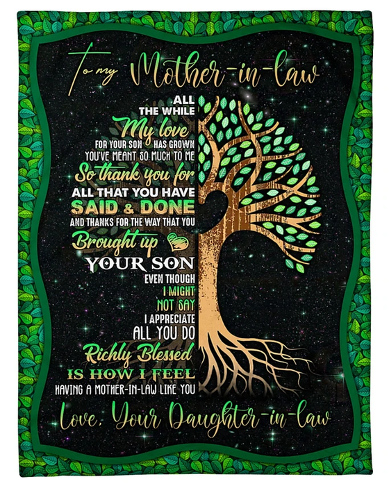 Personalized Blanket To My Mother-in-law From Daughter Tree Printed Leaf Frame Galaxy Background Custom Name