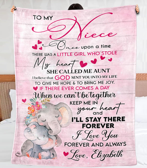 Personalized To My Niece Blanket From Aunt Cute Hugging Elephant & Flower Printed Pink Background Premium Blanket