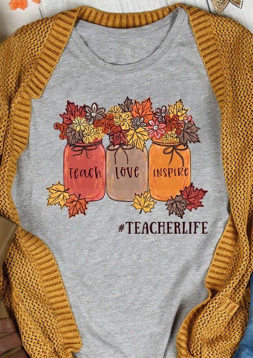 Personalized Shirt For Teacher Autumn Leaves And Jars Of Flower Printed Teach Love Inspire Custom Hashtag