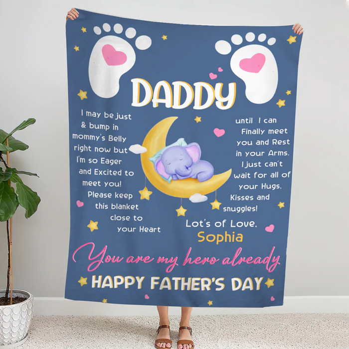 Personalized Blanket To My Dad From Baby Bump My Hero Happy Father's Day Cute Baby Elephant Print Custom Name