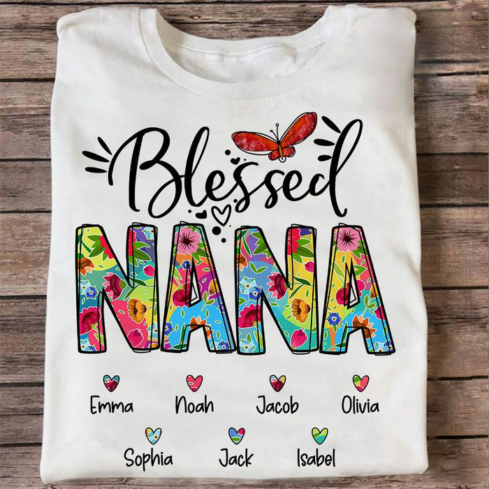 Personalized T-Shirt For Grandma Blessed Nana Heart Flower Butterfly Printed Custom Grandkids Name