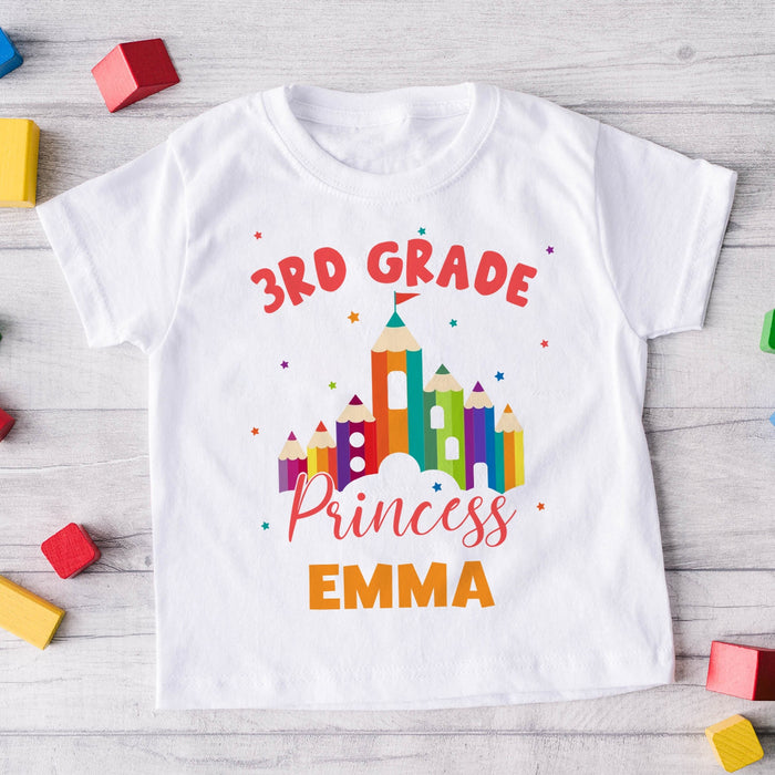 Personalized T-Shirt For 3rd Grade Princess Pencil Palace Design Custom Name & Grade Level Back To School Outfit