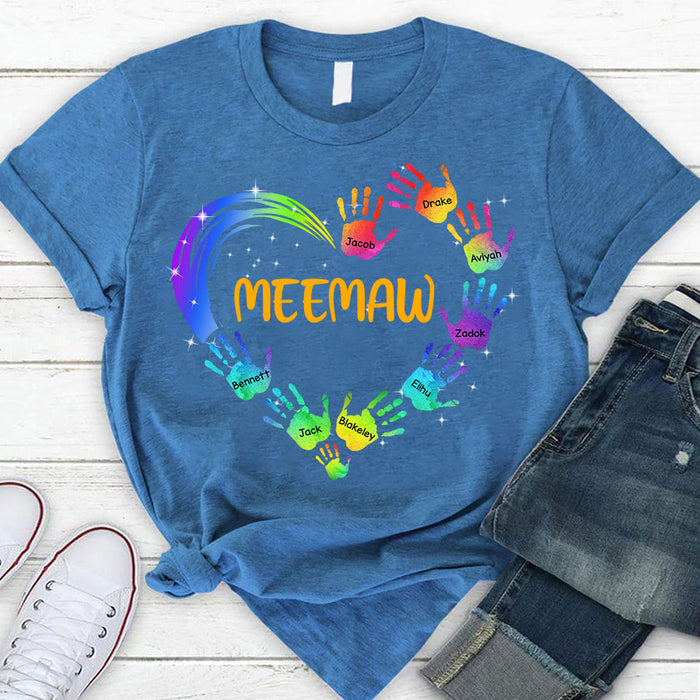 Personalized T-Shirt For Grandma Meemaw Heart & Handprint Tie Dye Design Custom Grandkid's Name Mother's Day Shirt