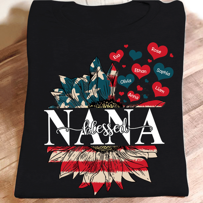 Personalized T-Shirt For Grandma Sunflower & Heart Printed USA Flag Design Custom Grandkids Name 4th July Day Shirt