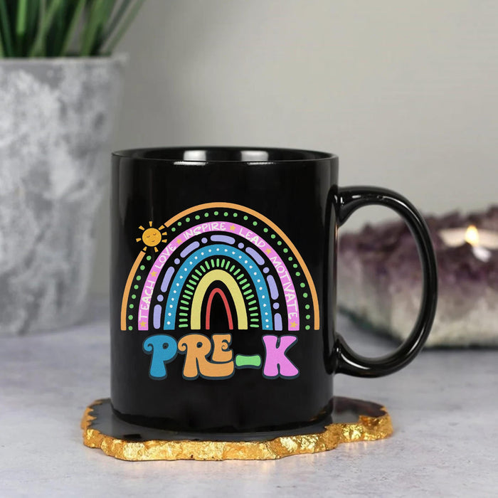 Personalized Black Coffee Mug For Teacher Student Pre K Rainbow Teach Love Inspire Custom Grade Gifts For Back To School