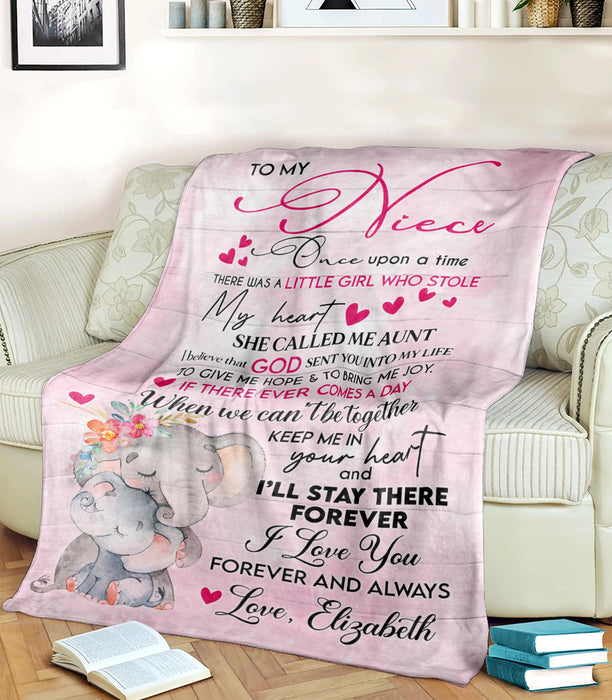 Personalized To My Niece Blanket From Aunt Cute Hugging Elephant & Flower Printed Pink Background Premium Blanket