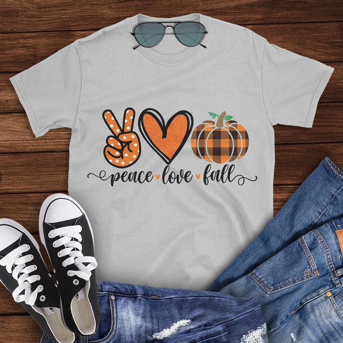 Classic T-Shirt For Kids Peace Love Fall Polka Dot Hand Sign Orange Heart Plaid Pumpkin Printed Shirt For Fall