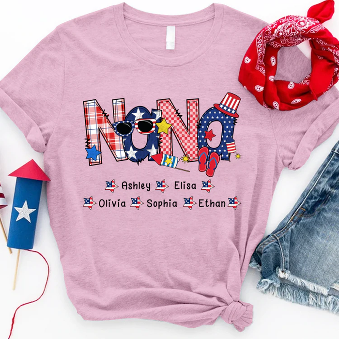 Personalized T-Shirt For Grandma Nana Sunglasses Print USA Flag Design Custom Grandkids Name 4th Of July Shirt