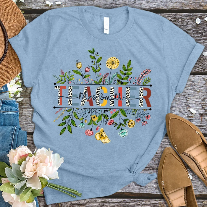 Personalized T-Shirt For Teachers Mrs. Smith Colorful Leopard & Flower Design Custom Name Back To School Outfit