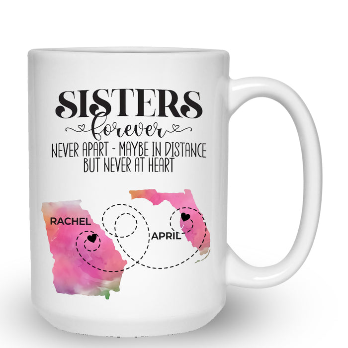 Personalized Coffee Mug For Besties BFF Sisters Forever Never Apart At Heart Custom Name White Cup State To State Gifts