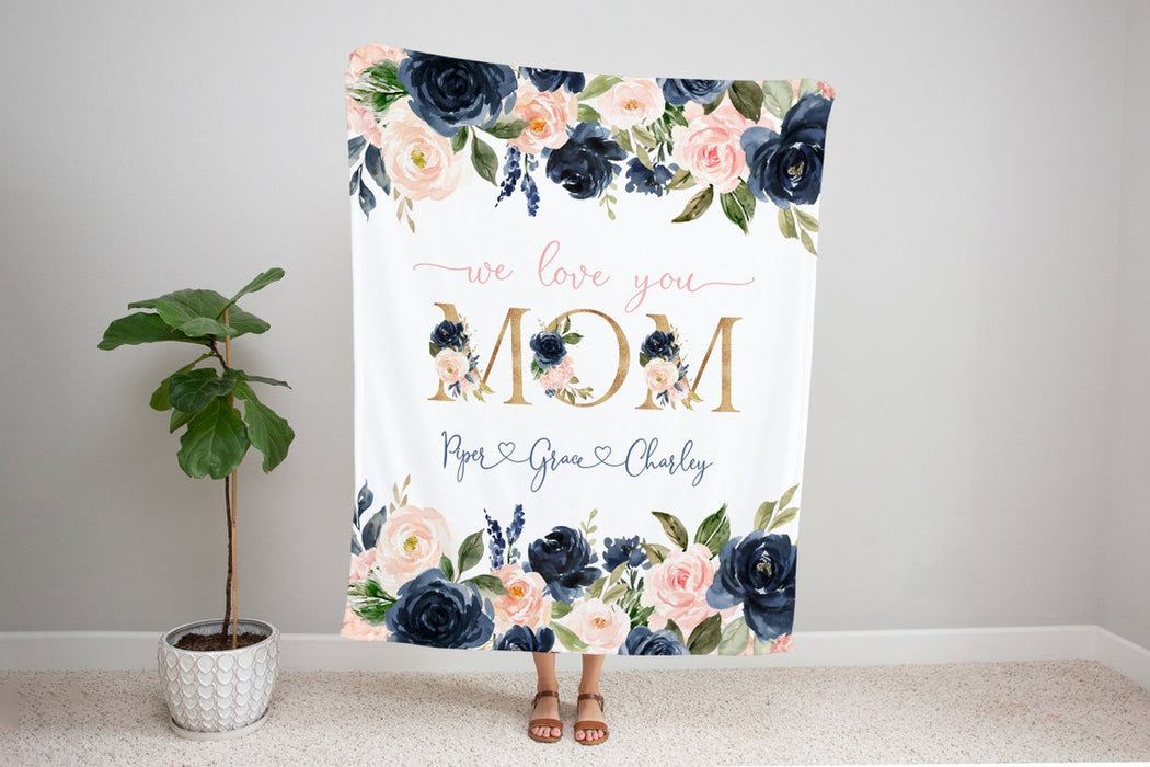 Personalized Mother'S Day Blanket For Mom Grandma We Love You Colorful Flower Printed Custom Kids Name