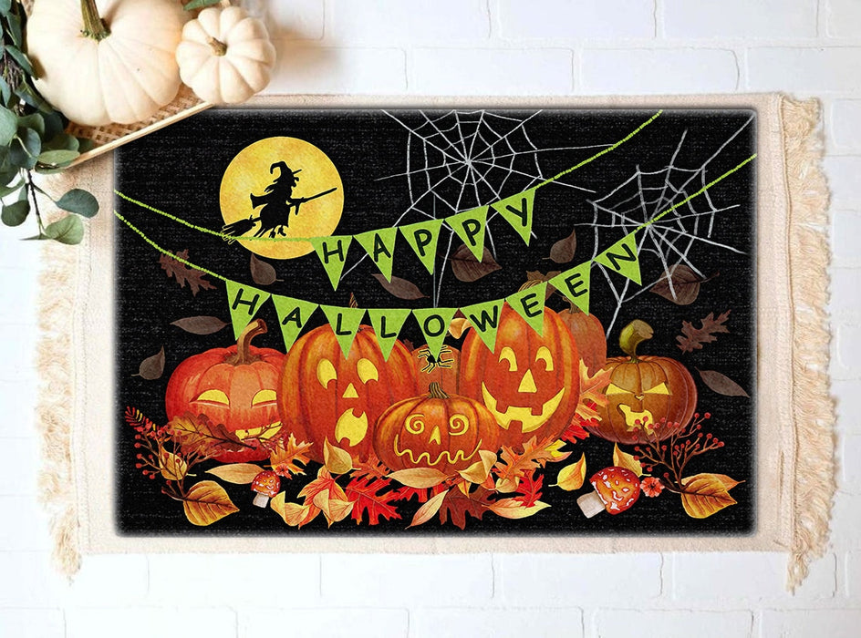 Welcome Doormat Happy Halloween Hanging Decoration With Pumpkin Lantern & Flying Witch Printed Black Background Doormat