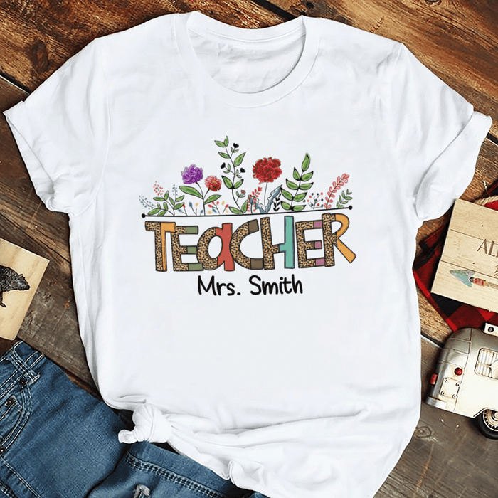 Personalized T-Shirt For Teacher Mrs. Smith Colorful Leopard With Flower Design Custom Name Back To School Outfit