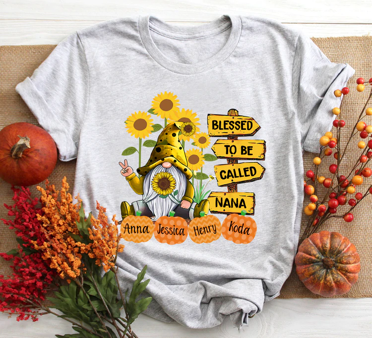 Personalized T-Shirt For Grandma Gnome & Sunflower Design Street Sign Print Custom Grandkid's Name Mother's Day Shirt