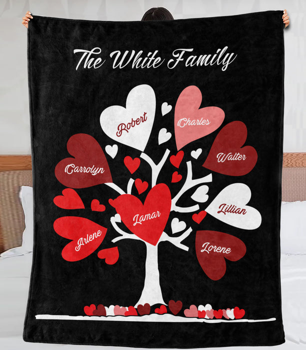 Personalized Blanket For Family Cute Family Heart Tree Printed Black Background Custom Family Member'S Names