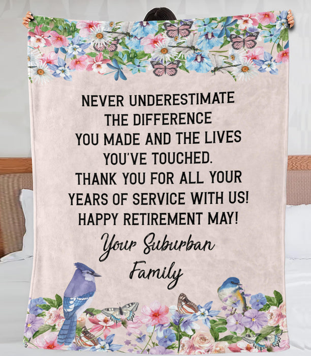 Personalized Retirement Blanket For Coworker Never Underestimate The Difference You Made Flower Printed Custom Name