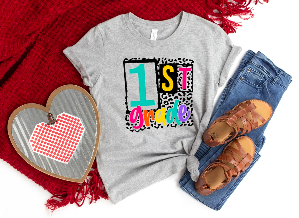 Personalized T-Shirt For Kid 1st Grade Colorful Leopard Design Custom Grade Level Back To School Outfit