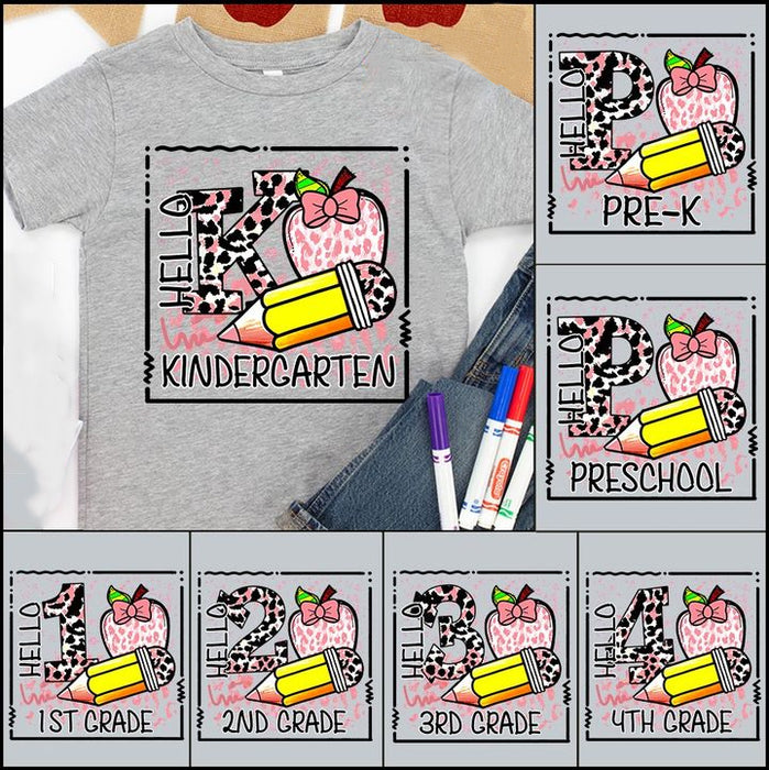 Personalized T-Shirt For Kids Hello Kindergarten Leopard Apple Pencil Printed Custom Initial & Grade Level