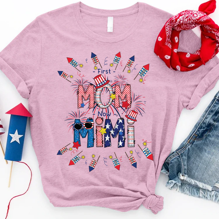 Personalized T-Shirt For Grandma First Mom Now Mimi USA Flag Design Custom Grandkids Name 4th Of July Shirt