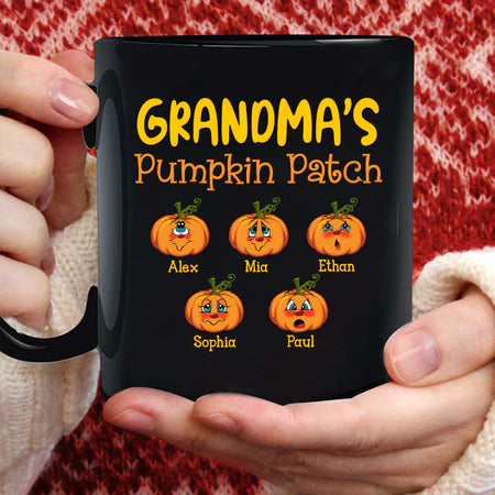 Personalized Coffee Mug Gifts For Grandmother Nana Funny Pumpkin Patch Custom Grandkids Name Thanksgiving Black Cup