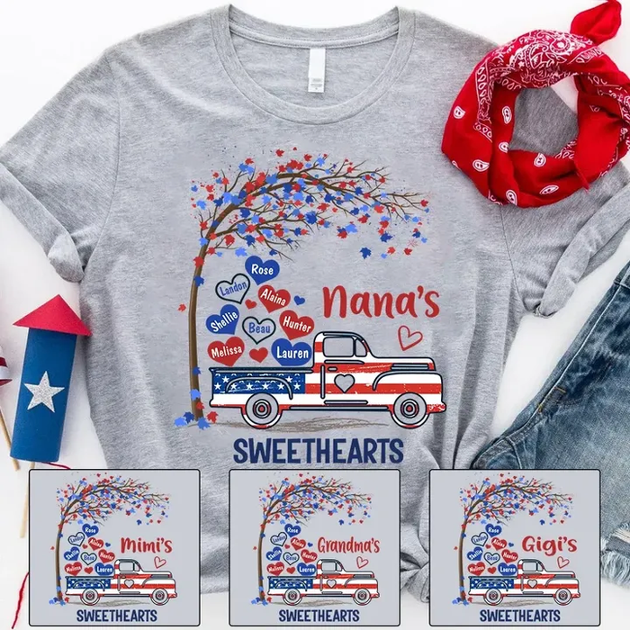 Personalized T-Shirt For Grandma USA Flag Design Tree & Truck Printed Custom Grandkids Name 4th Of July Shirt
