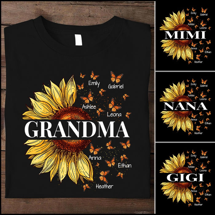 Personalized T-Shirt For Grandma Sunflower Butterfly Art Printed Custom Grandkids Name Shirt