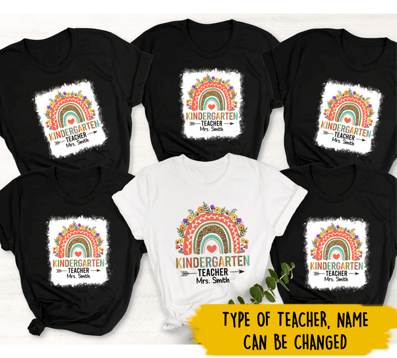 Personalized T-Shirt For Teachers Kindergarten Colorful Leopard & Flower Design Custom Name Back To School Outfit