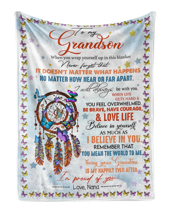 Personalized Premium Blanket To My Grandson Butterfly & Dreamcatcher Fleece Blankets Custom Name