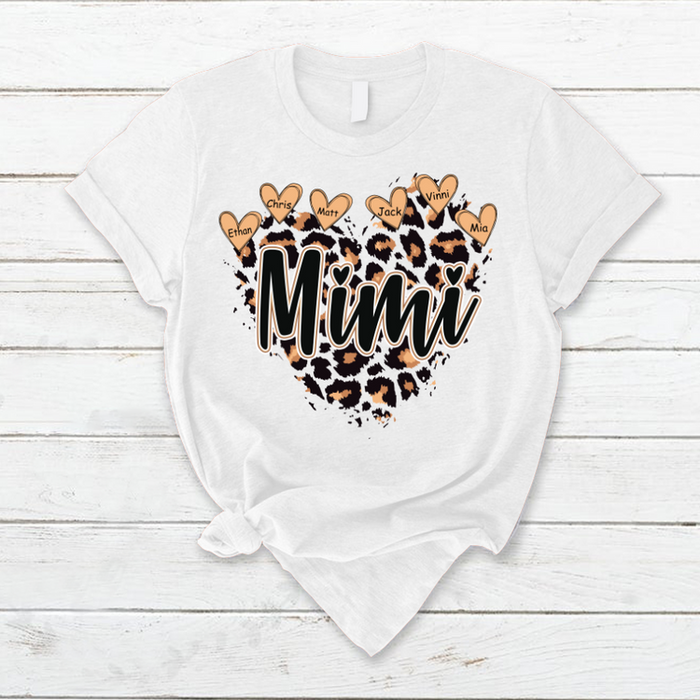 Personalized T-Shirt For Grandma Mimi Heart Leopard Design Custom Grandkids Name Mothers Day Shirt