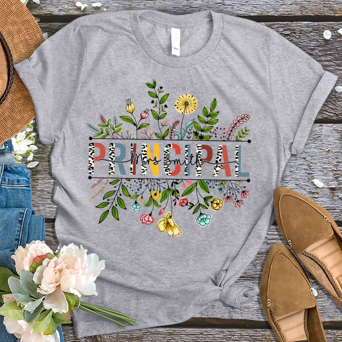 Personalized Unisex T-Shirt For Principle Colorful Flowers & Leopard Design Custom Name Back To School Outfit