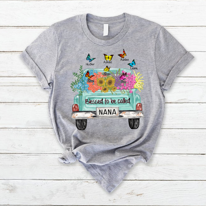 Personalized T-Shirt For Grandma Blessed To Be Called Nana Floral Truck & Butterfly Printed Custom Grandkids Name