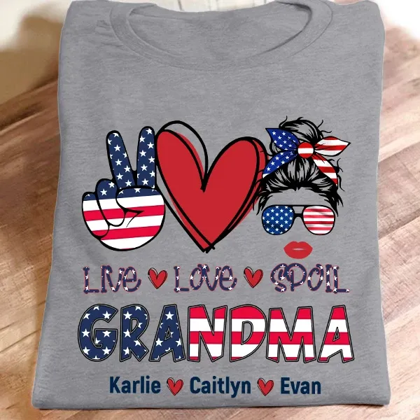 Personalized T-Shirt For Grandma Live Love Spoil USA Flag & Heart Design Custom Grandkids Name 4th July Day Shirt