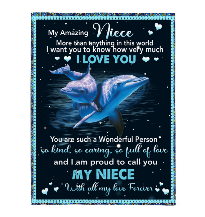 Personalized Lovely Sherpa Blanket To My Amazing Niece Funny Dolphins In The Ocean Sherpa Blankets Custom Name