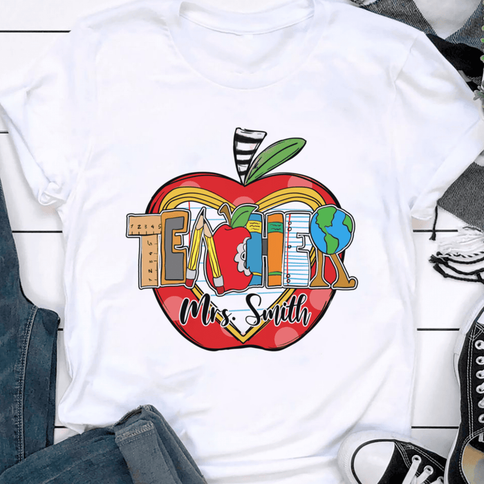 Personalized T-Shirt For Teacher Red Apple School Supplies Custom Name Shirt Gifts For Back To School
