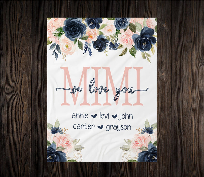 Personalized Blanket For Grandma Mimi Nana Mama We Love You Colorful Flower Printed Custom Grandkids Name Fleece Blanket