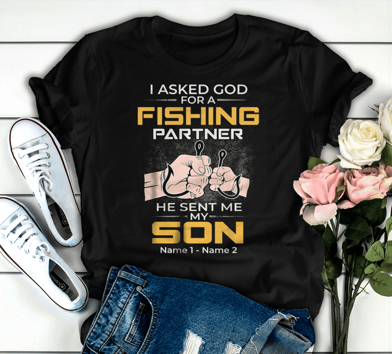 Personalized T-Shirt For Fishing Lovers To Dad I Asked God Fist Bump And Fish Hook Printed Custom Kids Name