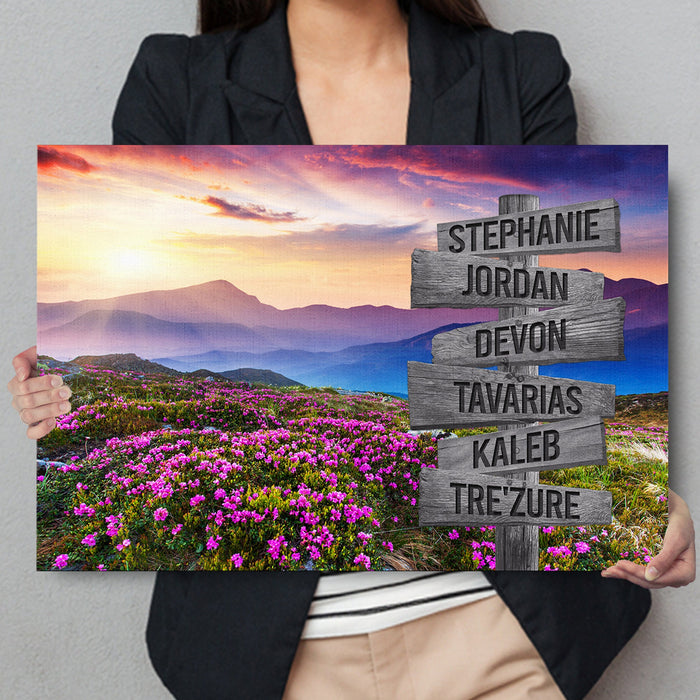 Personalized Canvas Wall Art Gifts For Family Pink Rhododendrons Sunset Mountain Custom Name Poster Prints Wall Decor