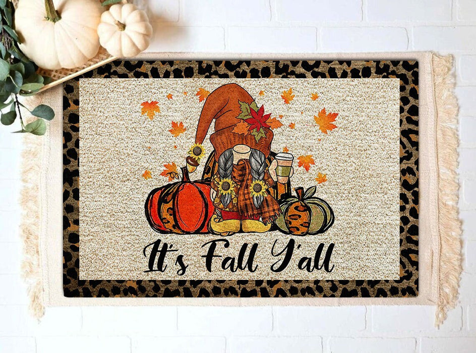 Welcome Doormat For Fall Lovers It's Fall Y'all Cute Gnome With Pumpkin Sunflower And Leaves Printed Leopard Design