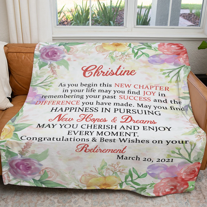Personalized Retirement Fleece Blanket As You Begin A New Chapter In Your Life Colorful Flower Printed Custom Name Date