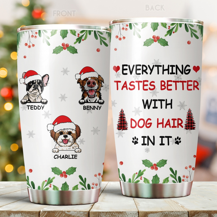 Personalized Tumbler For Dog Lover Everything Tastes With Dog Hair Plaid Custom Name Travel Cup Gifts For Christmas
