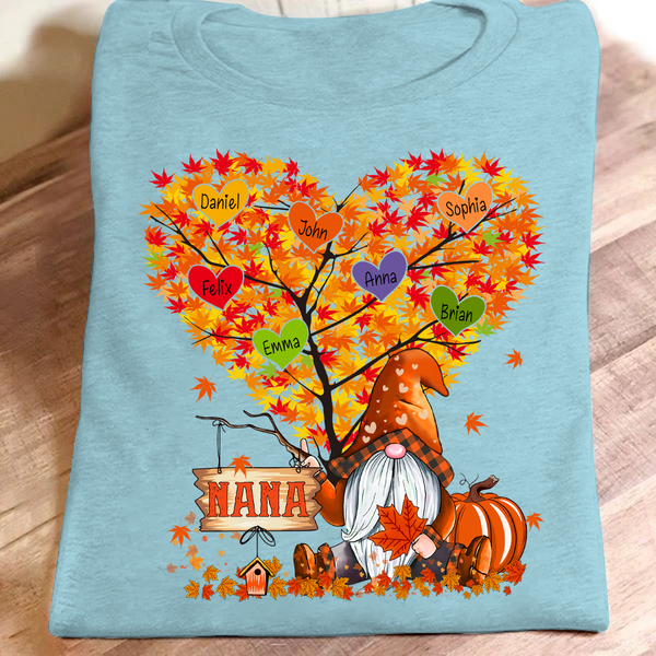 Personalized T-Shirt For Grandma Nana Gnome With Pumpkin And Heart Tree Maple Leaves Printed Plaid Design Fall Shirt