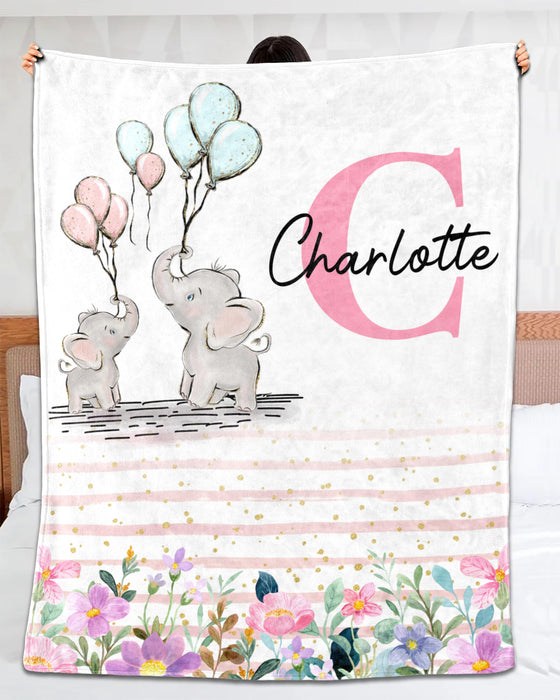 Personalized Baby Blanket Two Cute Elephants Holding Balloon & Flower Printed Custom Name Baby Reveal Blanket