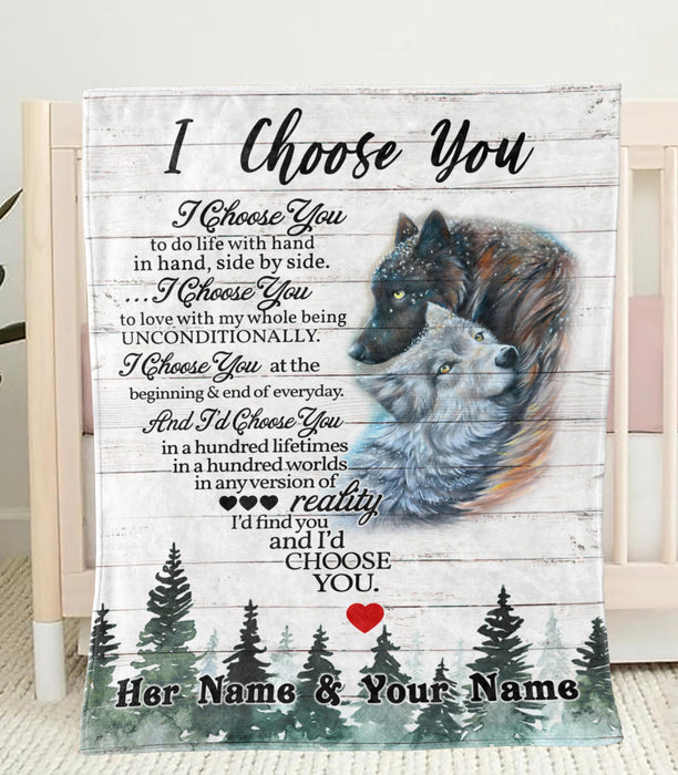 Personalized Blanket For Wife Husband I Choose You To Do Life With Hand In Hand Romantic Hugging Wolf Couple Printed