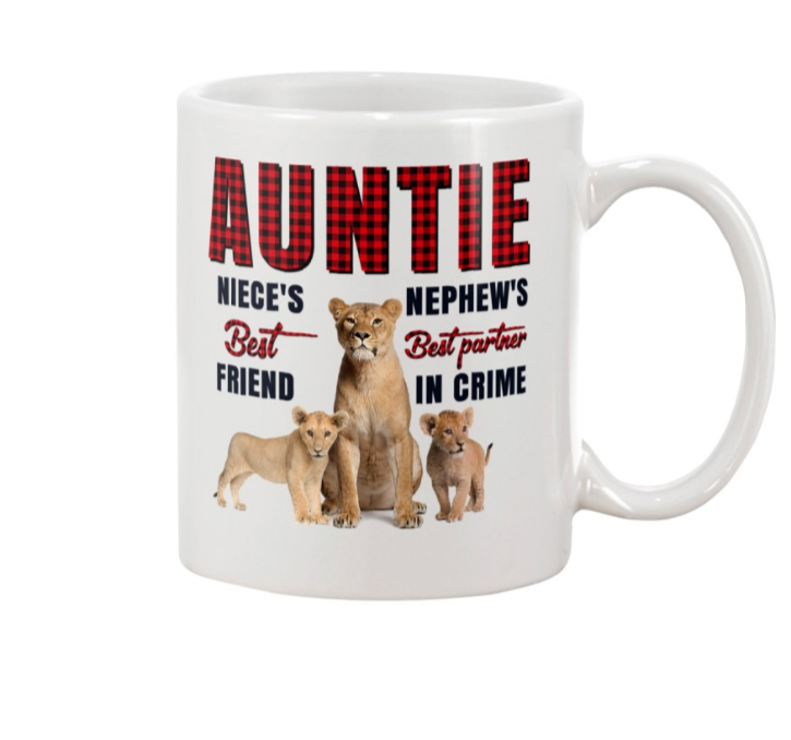 Personalized Coffee Mug For Aunt From Niece Nephew Partner Friend In Crime Lion Red Plaid Custom Name Gifts For Birthday
