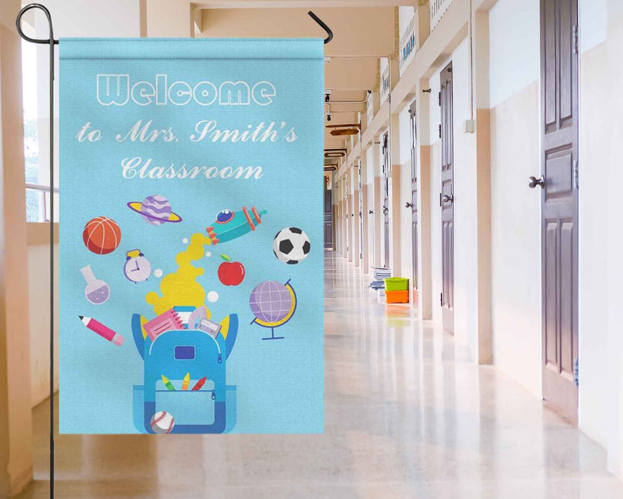 Personalized Back To School Flag Gifts For Teacher School Supplies Blue Theme Custom Name Door Entry Sign Flag